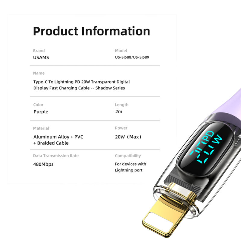 Cabo Usb Usams Usb C pra Lightning Pd 20W 2Metros Púrple