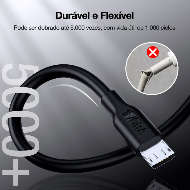 Cabo Micro USB para USB-A 2 Macho 2.1A Metros Preto