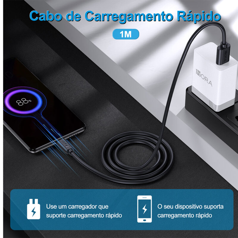 Cabo Micro Usb pra Usb A 1Hora 2.1A Macho 1 Metro Preto