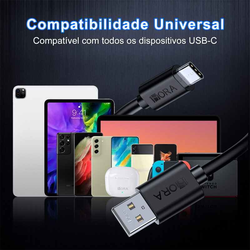 Cabo Usb C/A 1Hora 2.1A Macho/Macho 1M Pacote com 100un Preto