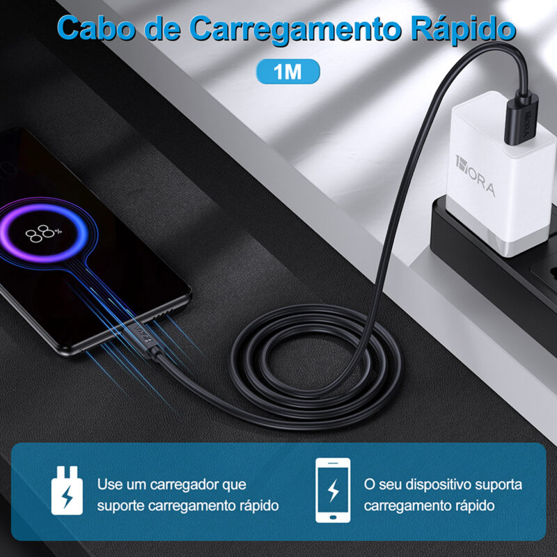 Cabo Micro USB para USB Tipo A Macho 2.1A 1 Metro Preto