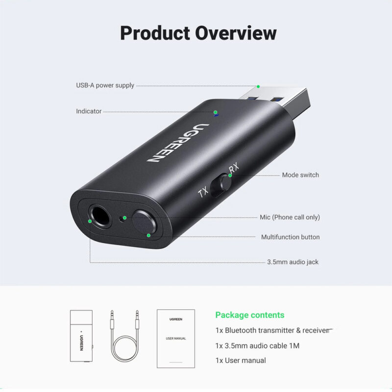 Transmissor Receptor Bluetooth Ugreen 2 in 1 Usb A Preto