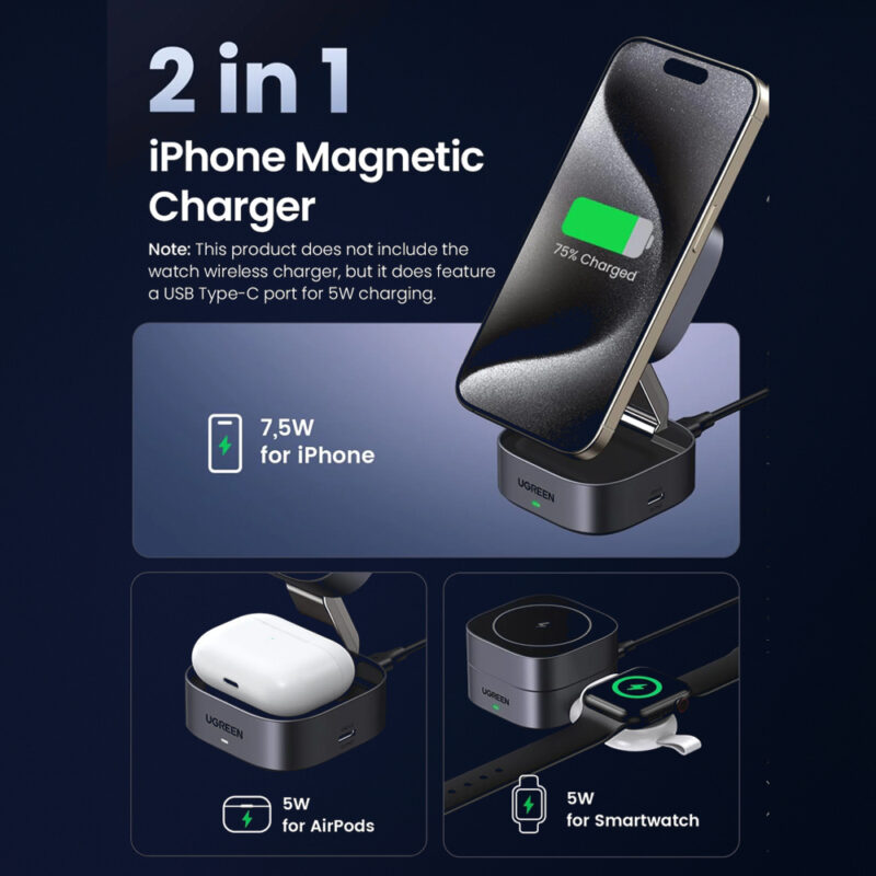 Carregador Magnético Sem Fio Ugreen 2in1 Máx. 25W Preto
