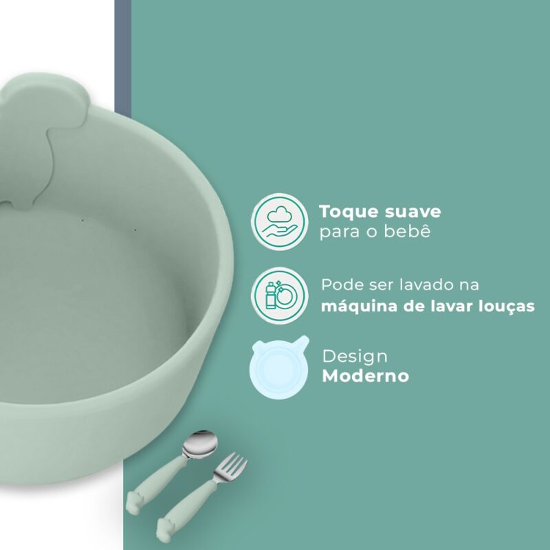 Tigela Talher Silicone Life NT-27 Alimentação Bebê Verde