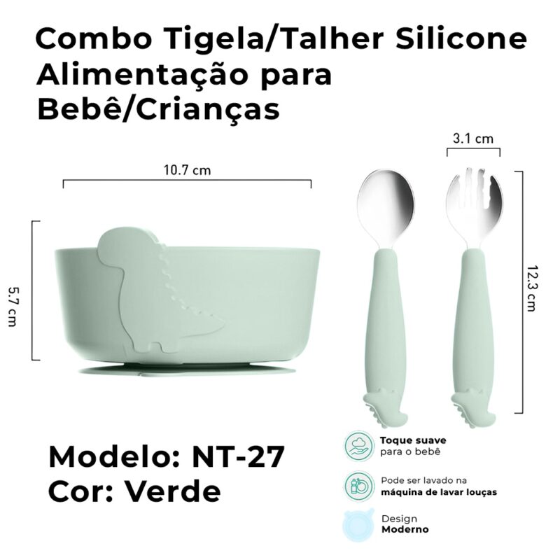 Tigela Talher Silicone Life NT-27 Alimentação Bebê Verde