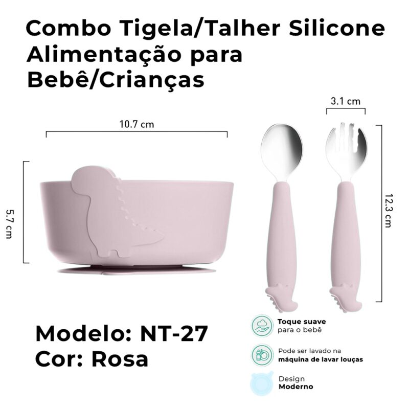 Tigela Talher Silicone Life NT-27 Alimentação Bebê Rosa