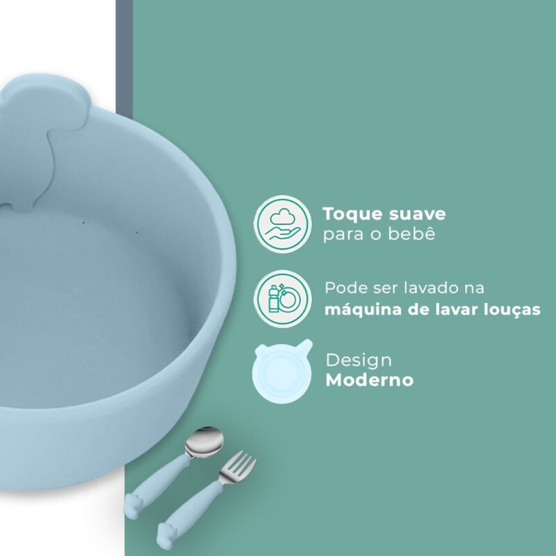 Tigela Talher Silicone Life NT-27 Alimentação Bebê Azul