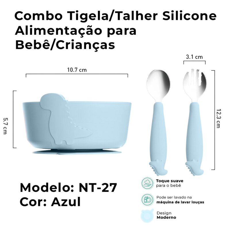 Tigela Talher Silicone Life NT-27 Alimentação Bebê Azul