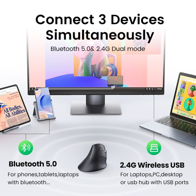 Mouse Bluetooth Sem Fio Vertical Ugreen 5 Butões Preto
