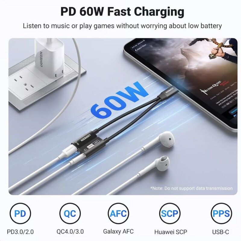 Adaptador Ugreen Usb C 3.5mm p/Áudio/Carregamento Preto
