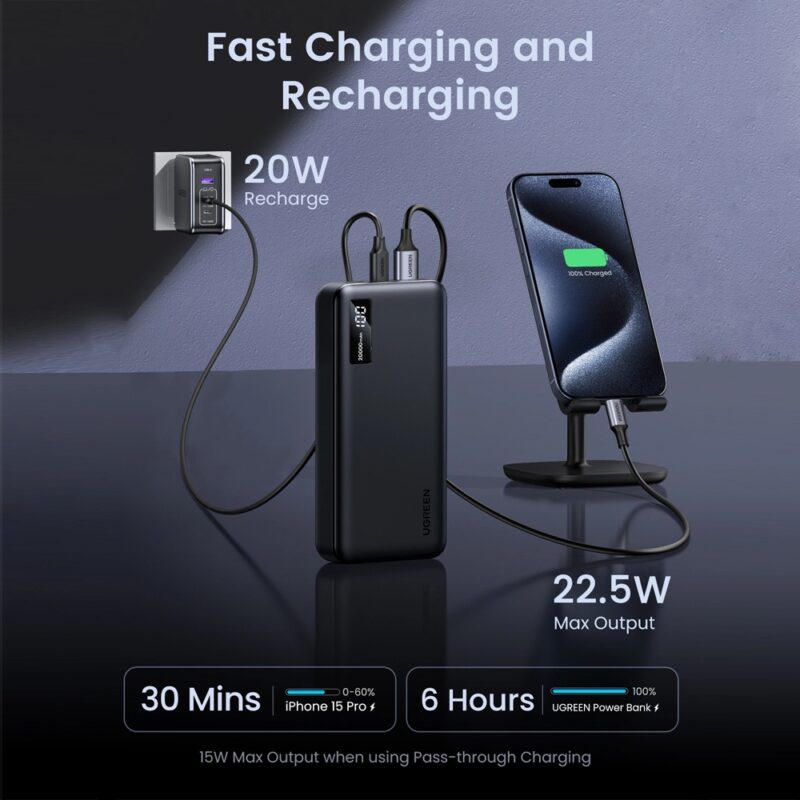 Power Bank 20000mAh Ugreen Usb A/C Máx. 22.5W Preta
