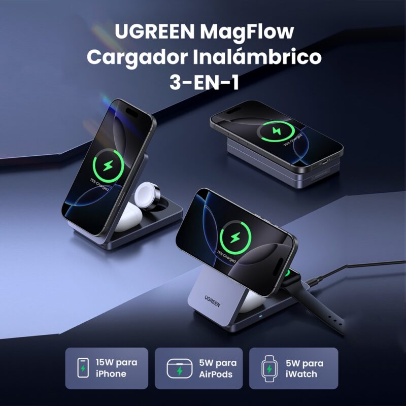 Combo 3in1 Ugreen MagFlow 15W Carregador 30W Cabo Cinza