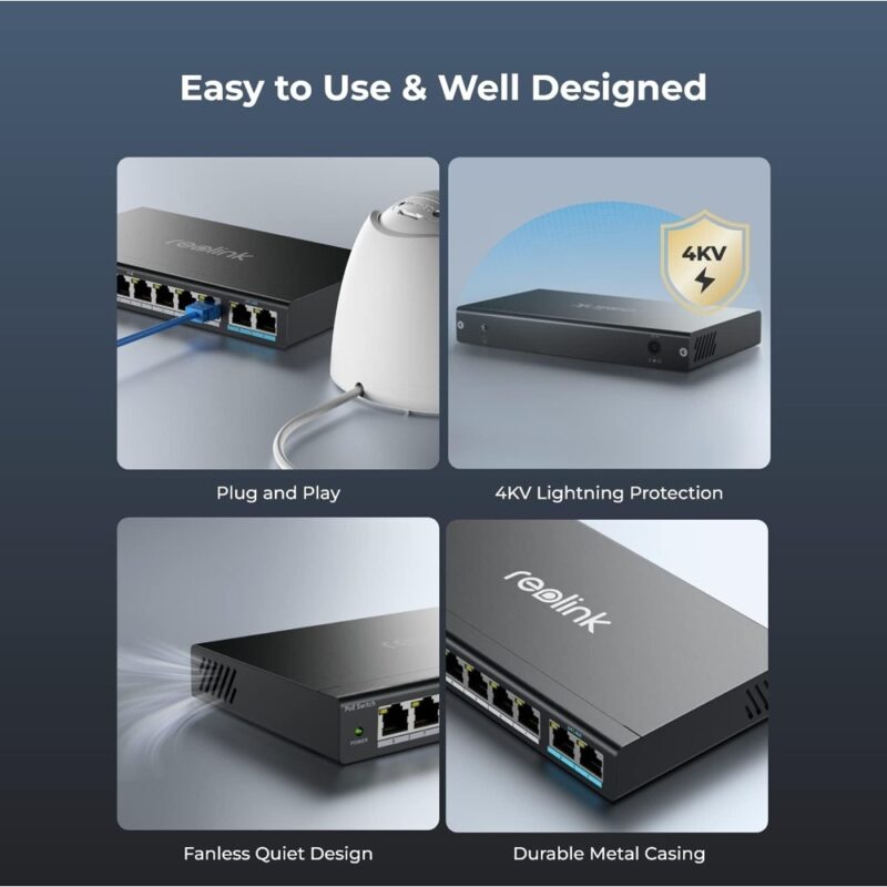 Switch PoE 8 portas PoE, 2 Uplink Reolink Gigabit Preto