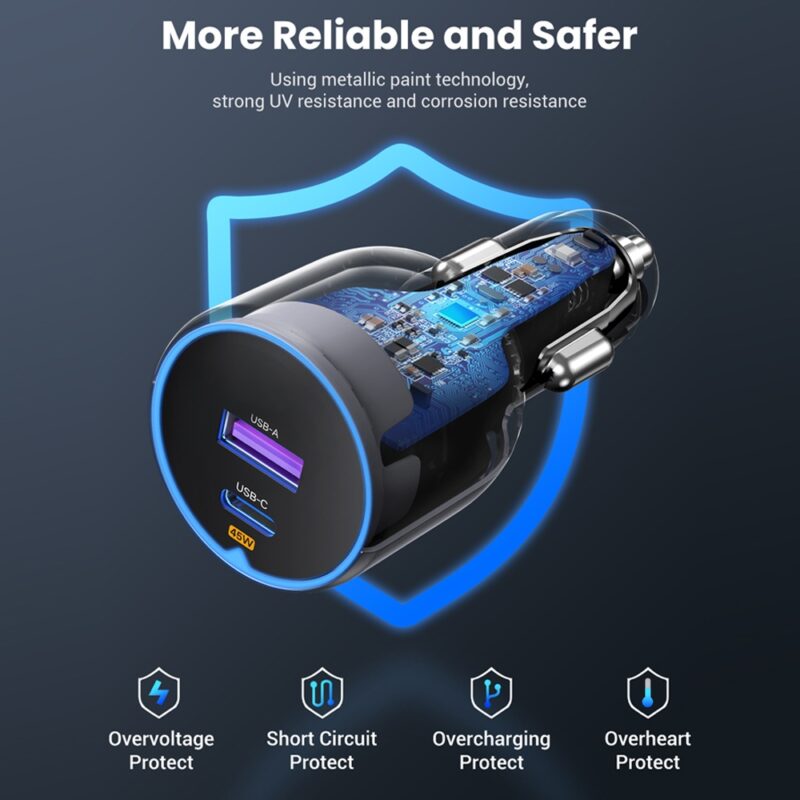 Carregador Usb Carro Ugreen Usb A/C Máx. 63W Preto