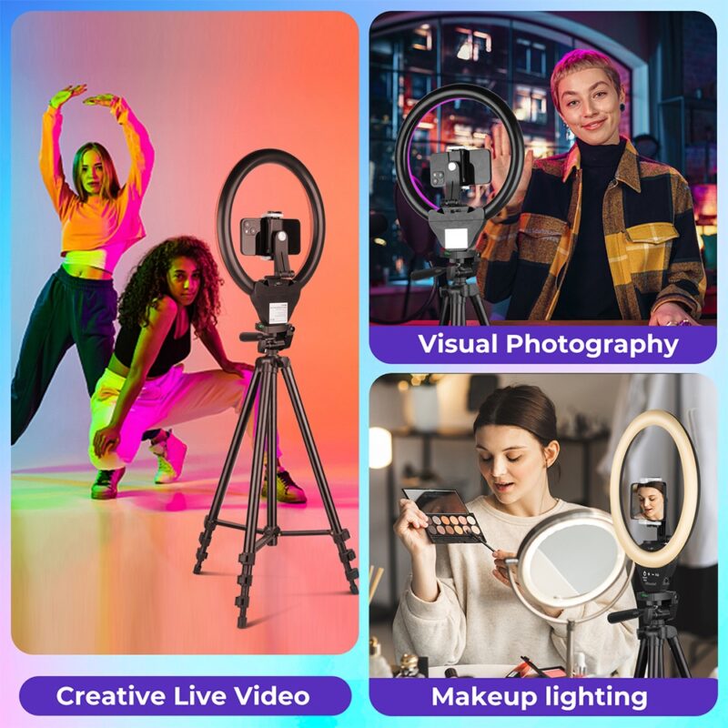 Tripé Foto Vídeo 50" Sensyne + Luz Led Rgb 10" Preto