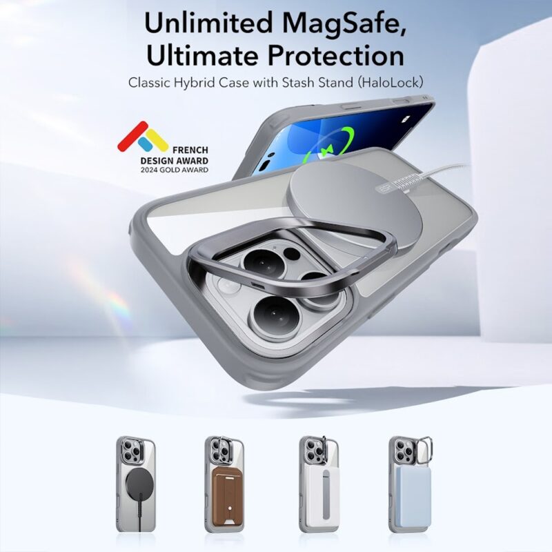 Capa iPhone 16 Pro Max Esr com Suporte Stash Cinza Clear