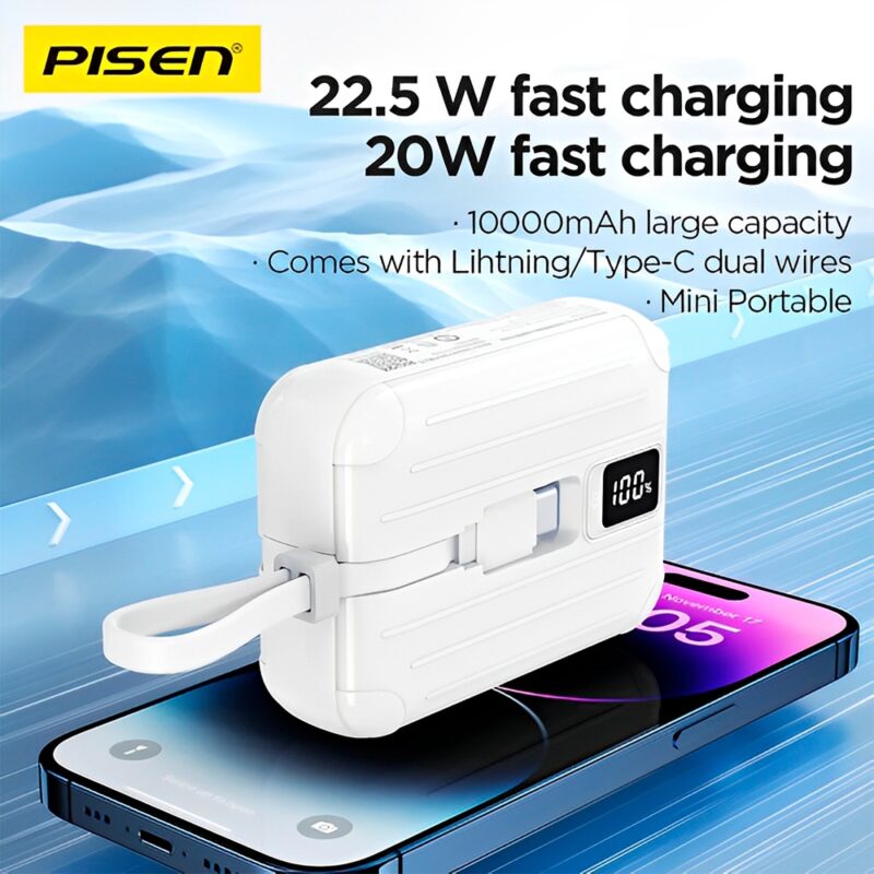 Power Bank 10000Mah Pisen Cabos Usb C/Ios 22.5W Branca