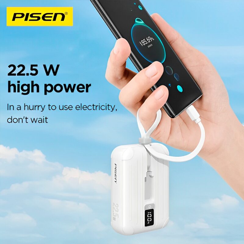 Power Bank 10000Mah Pisen Cabos Usb C/Ios 22.5W Branca