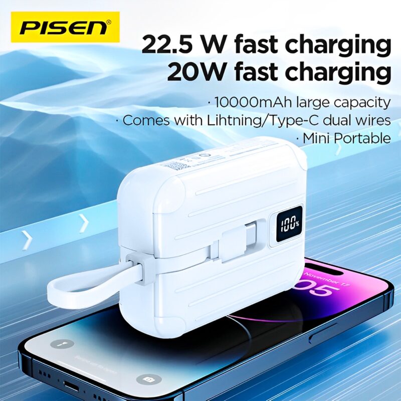 Power Bank 10000Mah Pisen Dual Cabo Usb C/Ios 22.5W Azul