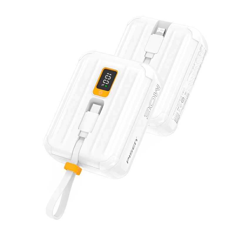 Power Bank 10000Mah Pisen Máx 30W Cabo Usb C/Ios Branca