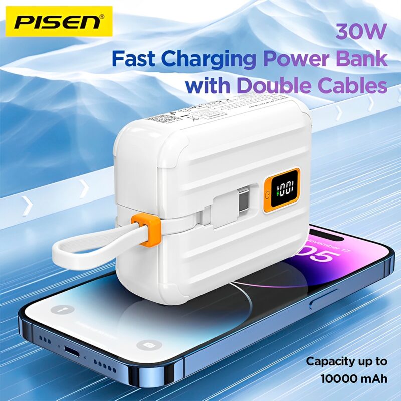 Power Bank 10000Mah Pisen Máx 30W Cabo Usb C/Ios Branca