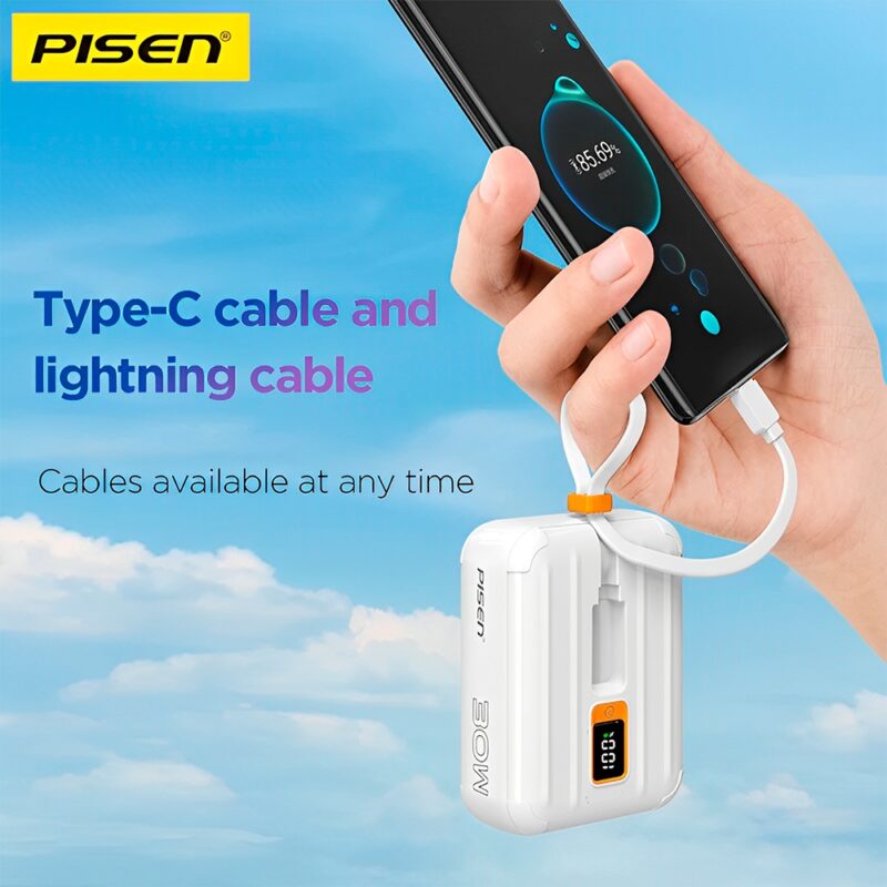 Power Bank 10000Mah Pisen Máx 30W Cabo Usb C/Ios Branca