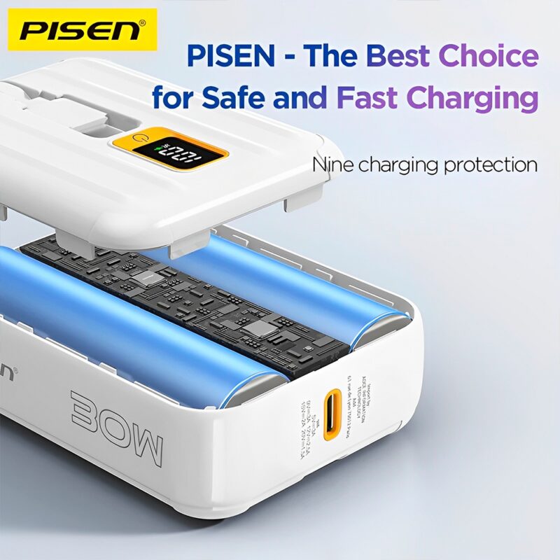 Power Bank 10000Mah Pisen Máx 30W Cabo Usb C/Ios Branca