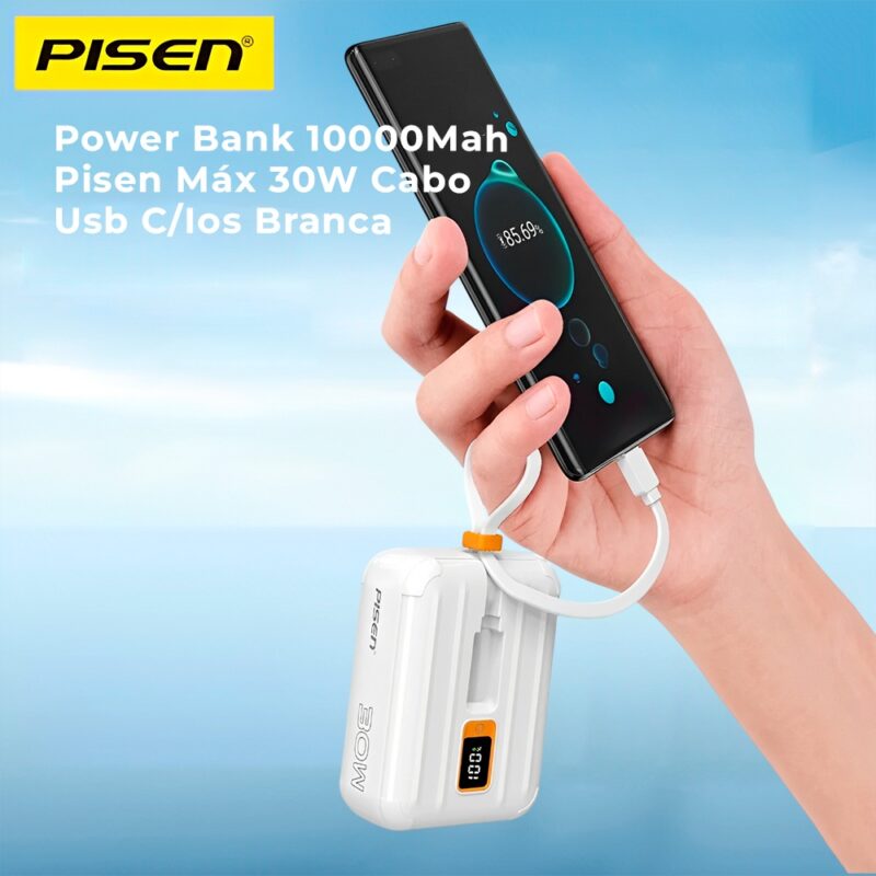 Power Bank 10000Mah Pisen Máx 30W Cabo Usb C/Ios Branca