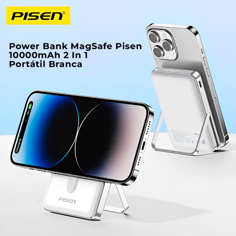 Power Bank MagSafe Pisen 10000mAh 2 In 1 Portátil Branca