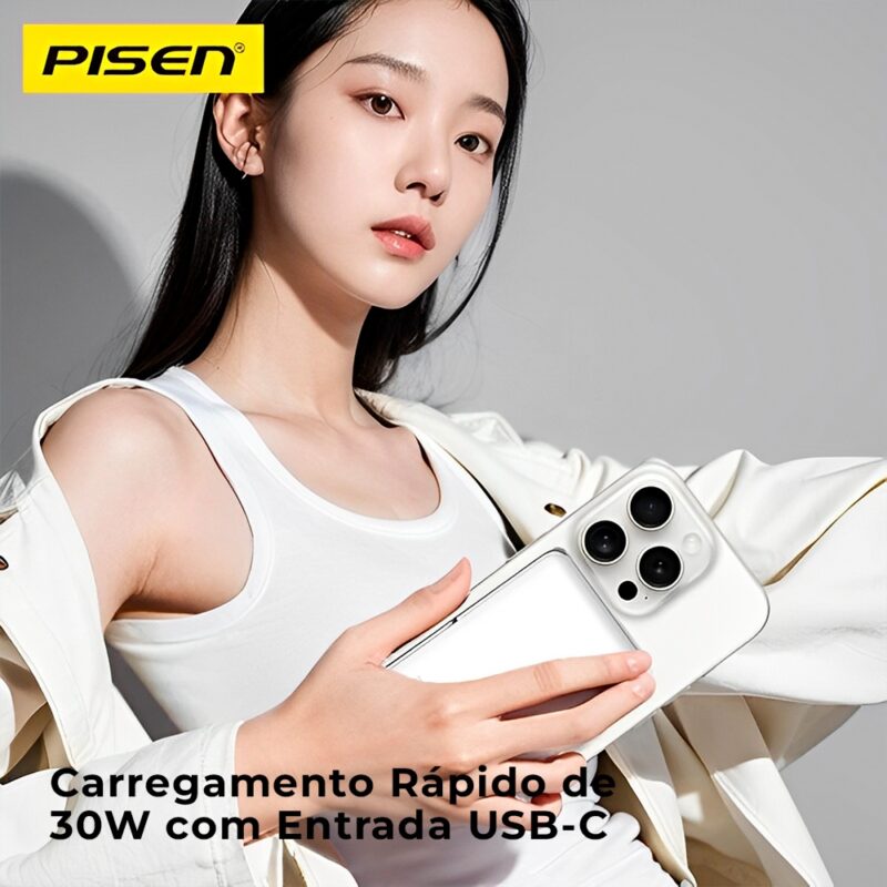 Power Bank MagSafe Pisen 10000mAh 2 In 1 Portátil Branca