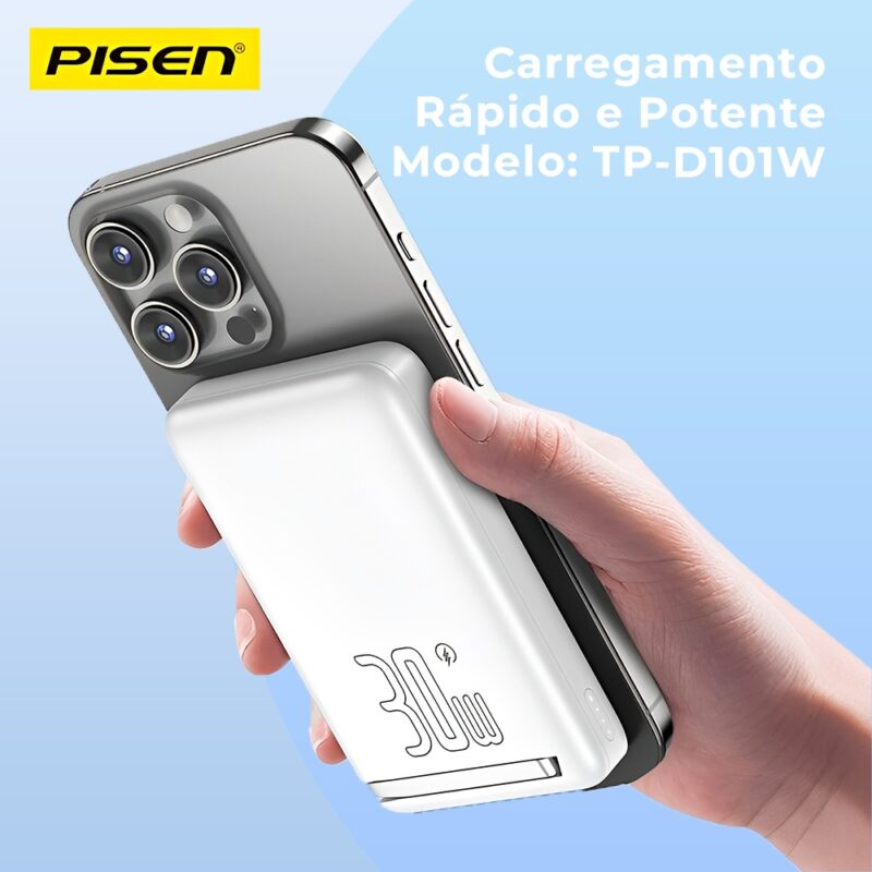Power Bank MagSafe 10000mAh Pisen Usb C Max. 30W Branca