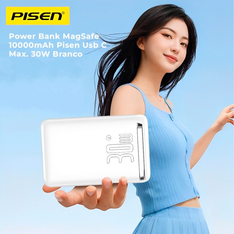 Power Bank MagSafe 10000mAh Pisen Usb C Max. 30W Branca