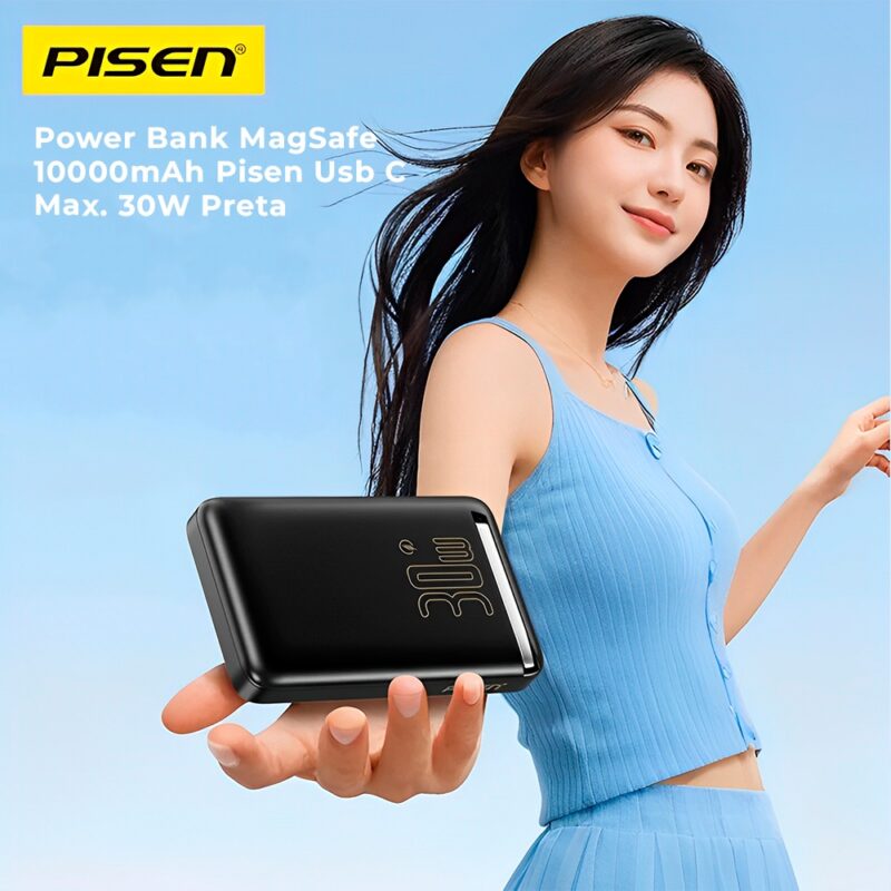 Power Bank MagSafe 10000mAh Pisen Usb C Max. 30W Preta