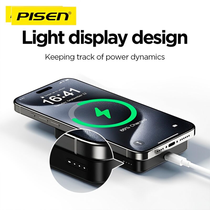 Power Bank MagSafe 10000mAh Pisen Usb C Max. 30W Preta