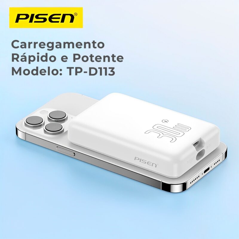 Power Bank Magnética Pisen Usb C 10000mAh Máx 30W Branca
