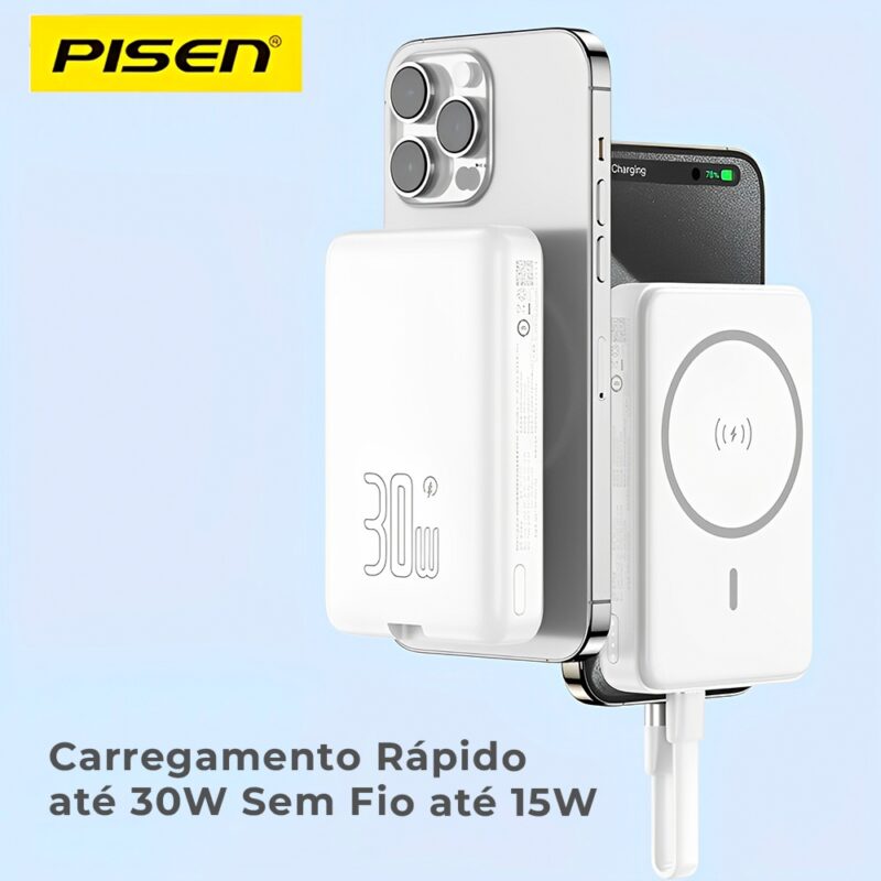 Power Bank Magnética Pisen Usb C 10000mAh Máx 30W Branca