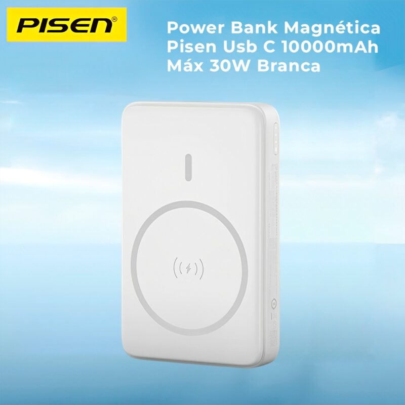 Power Bank Magnética Pisen Usb C 10000mAh Máx 30W Branca