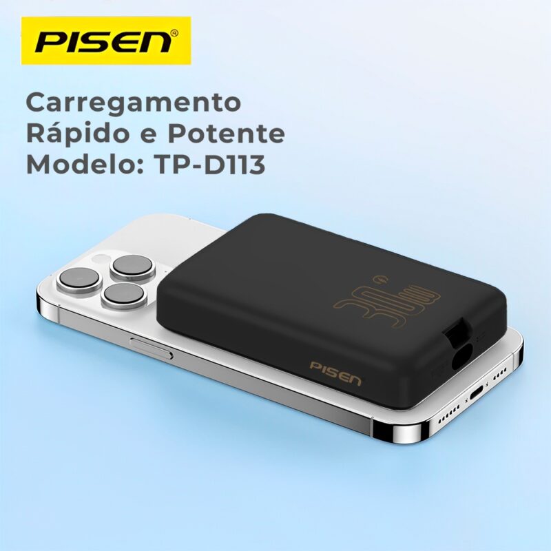 Power Bank Magnética Pisen Usb C 10000mAh Máx 30W Preta