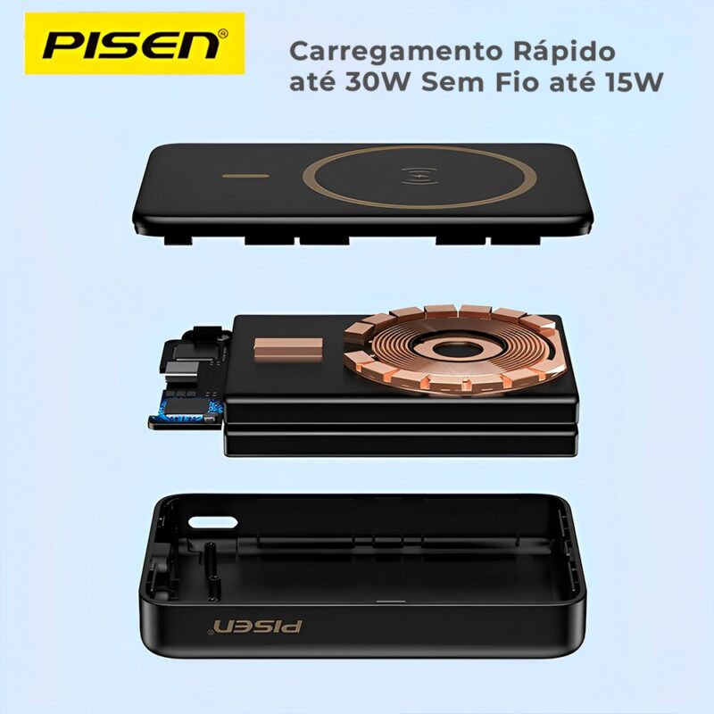 Power Bank Magnética Pisen Usb C 10000mAh Máx 30W Preta