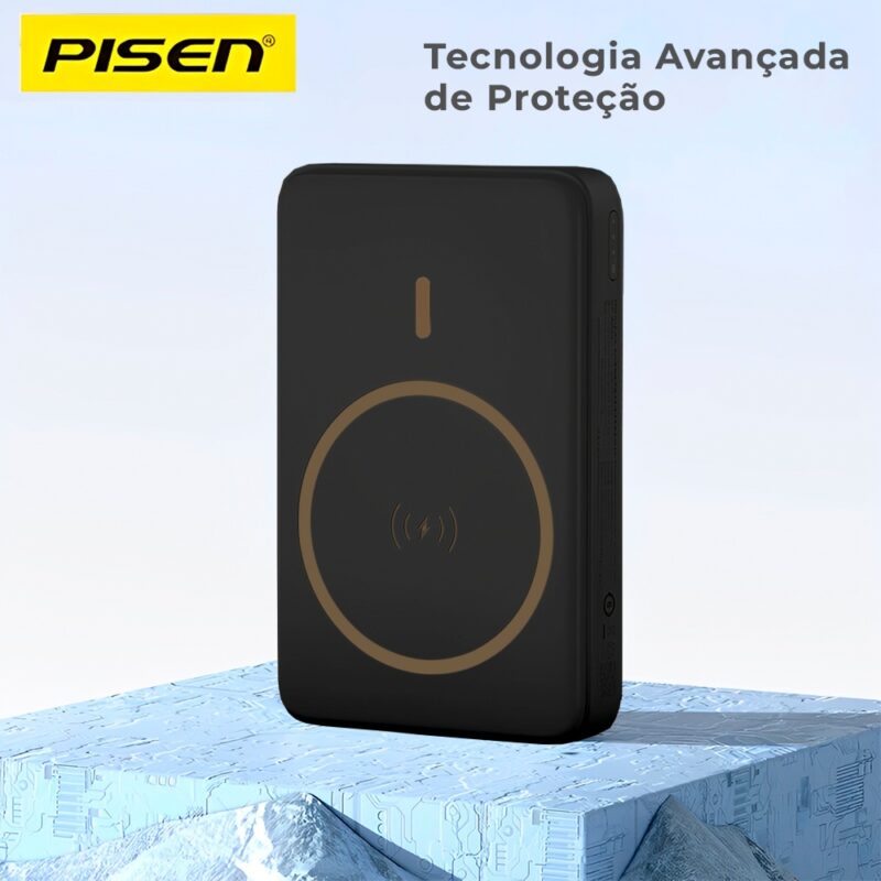 Power Bank Magnética Pisen Usb C 10000mAh Máx 30W Preta