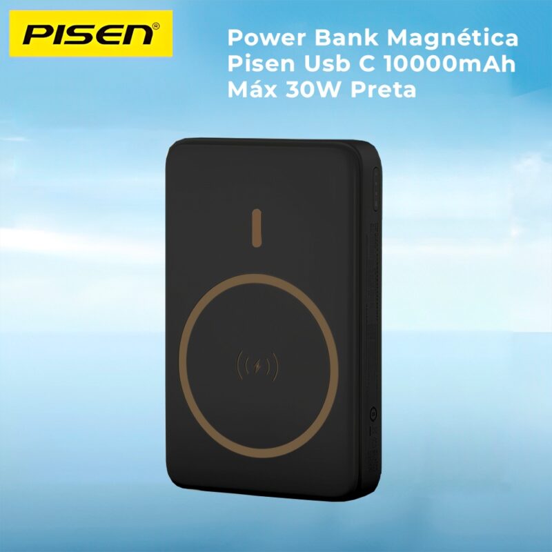 Power Bank Magnética Pisen Usb C 10000mAh Máx 30W Preta