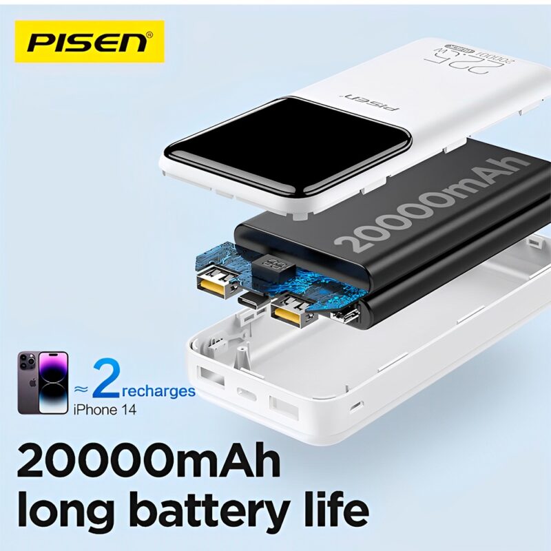 Power Bank 20000mAh Pisen Usb C/A/V8 Máx. 22.5W Branca