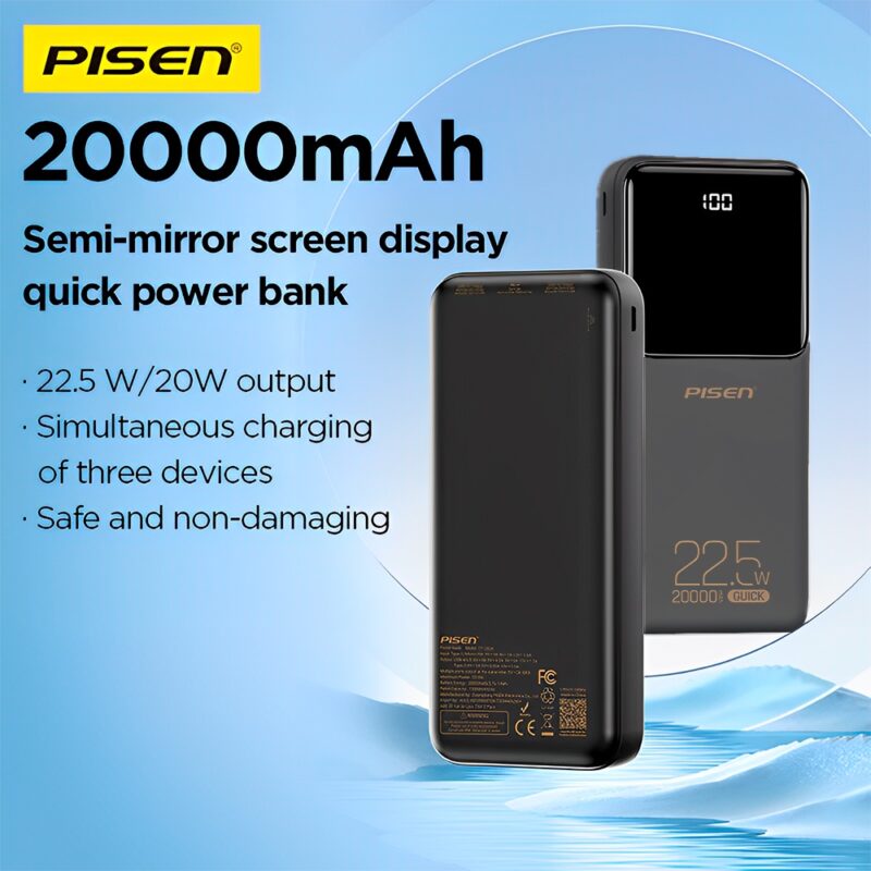 Power Bank 20000mAh Pisen Usb C/A/V8 Máx. 22.5W Preta