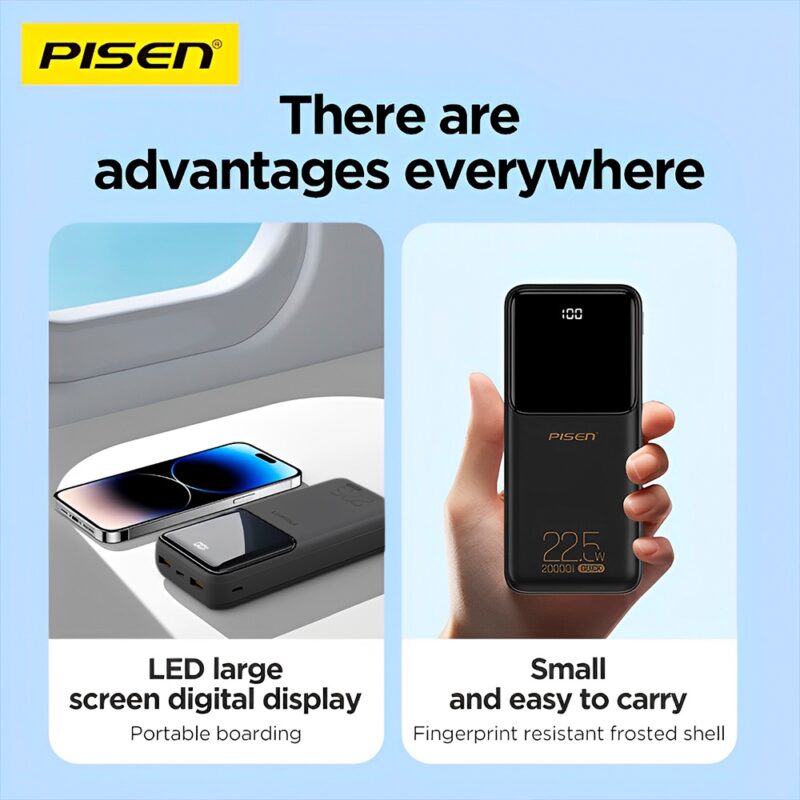 Power Bank 20000mAh Pisen Usb C/A/V8 Máx. 22.5W Preta