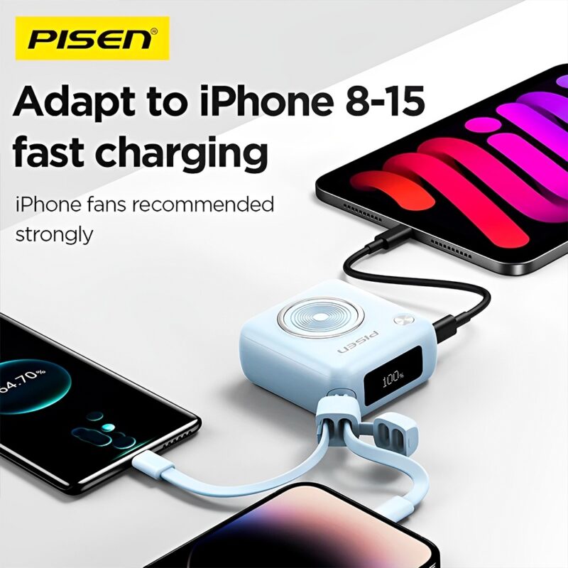 Power Bank 10000mAh Pisen Cabo Usb C/Ios 22.5W Branca