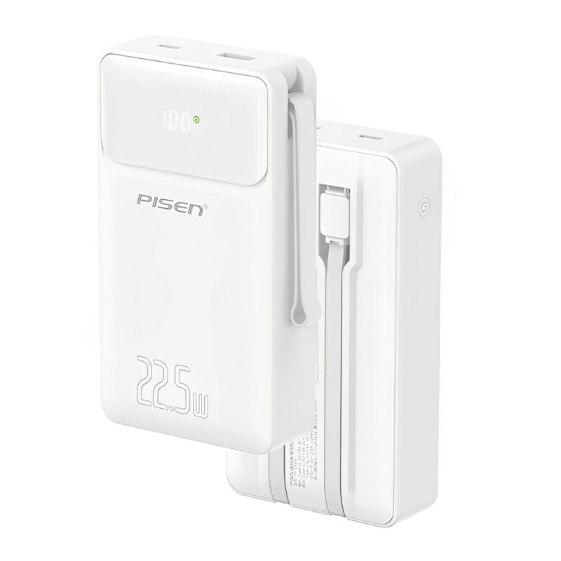 Power Bank 20000mAh Pisen 2 in 1 Cabo Usb C/Ios Branca