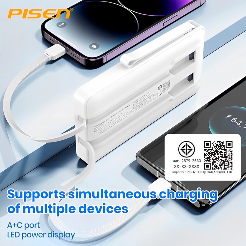 Power Bank 20000mAh Pisen 2 in 1 Cabo Usb C/Ios Branca