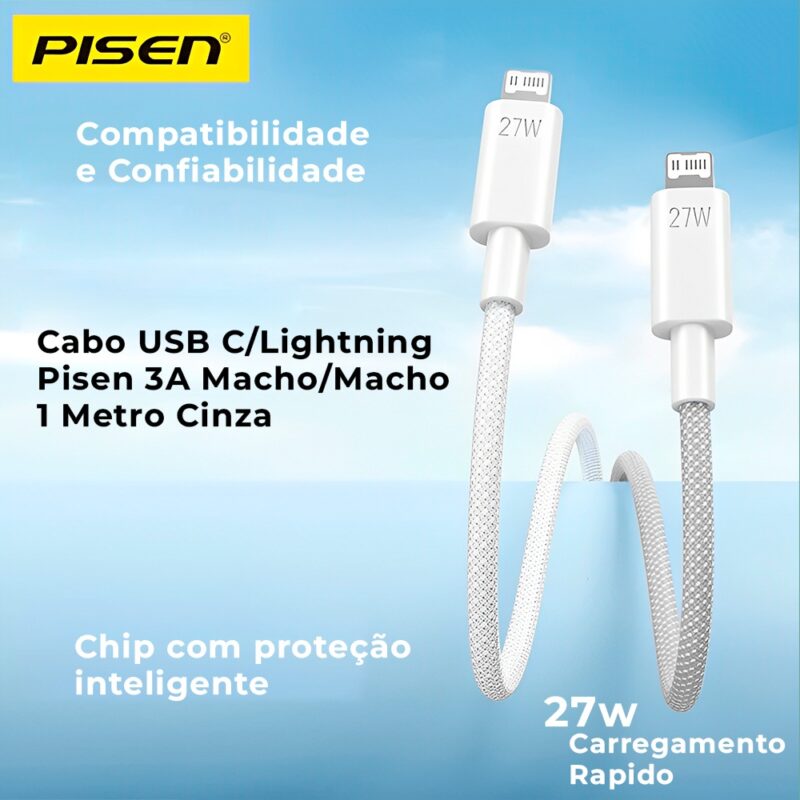 Cabo USB C/Lightning Pisen 3A Macho/Macho 1 Metro Cinza