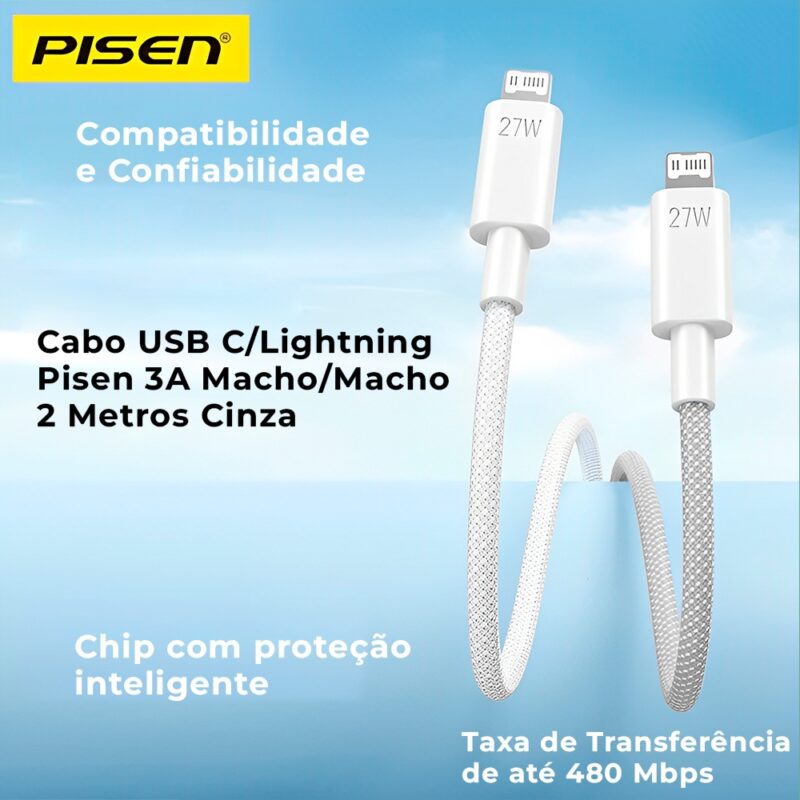 Cabo USB C/Lightning Pisen 3A Macho/Macho 1 Metros Cinza