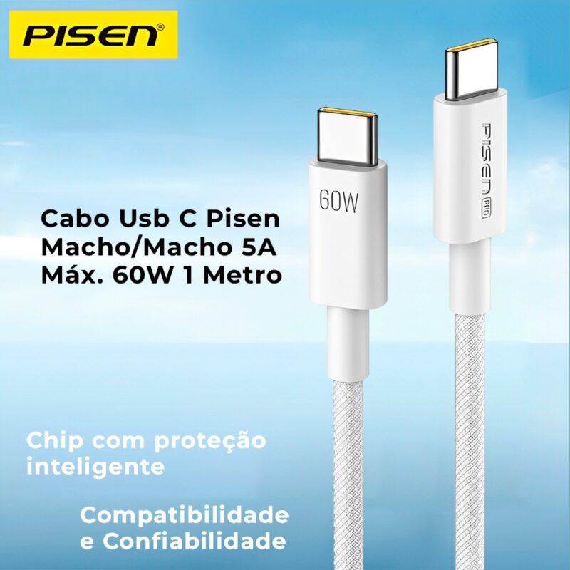 Cabo Usb C Pisen Macho/Macho 5A Máx. 60W 1 Metro Cinza